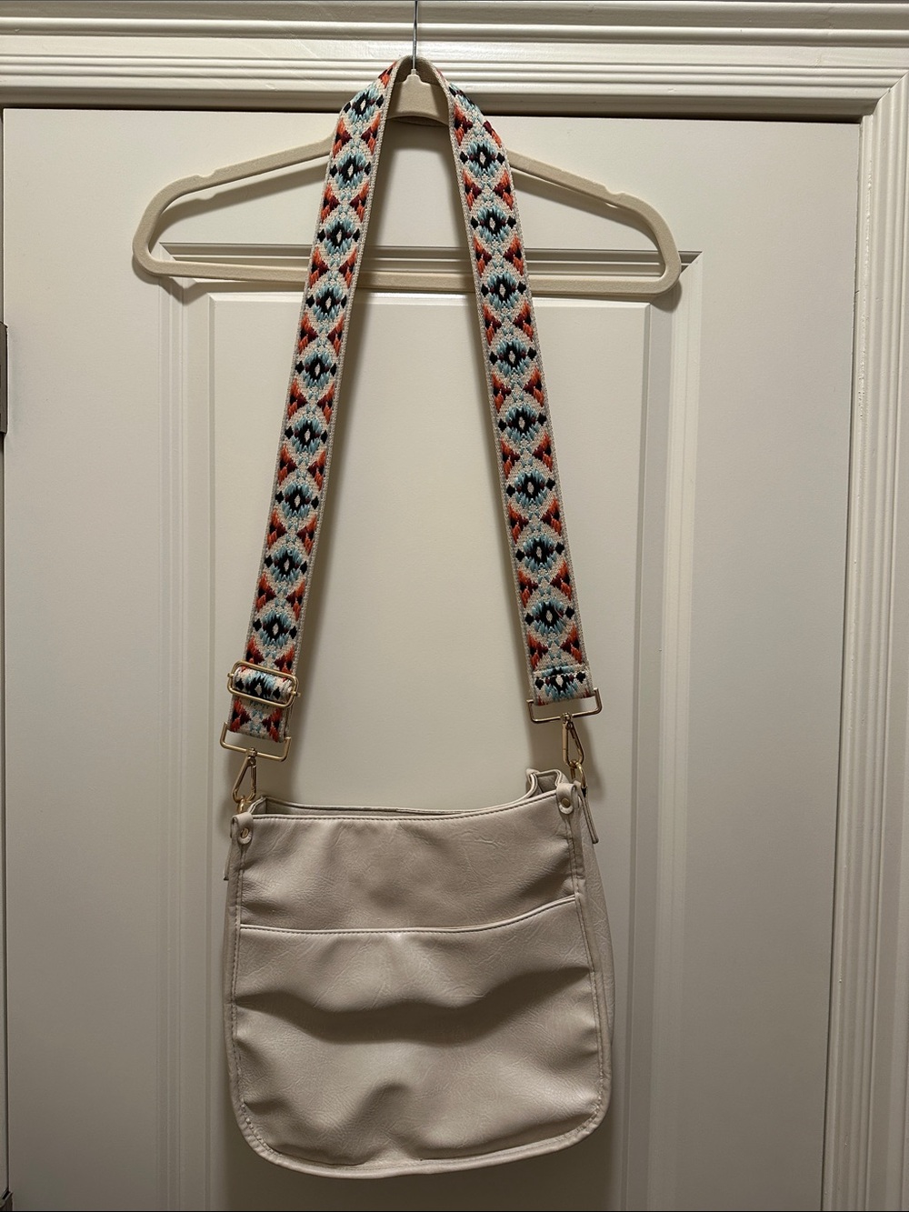 Cream Crossbody Bag with Colorful Patterned Strap